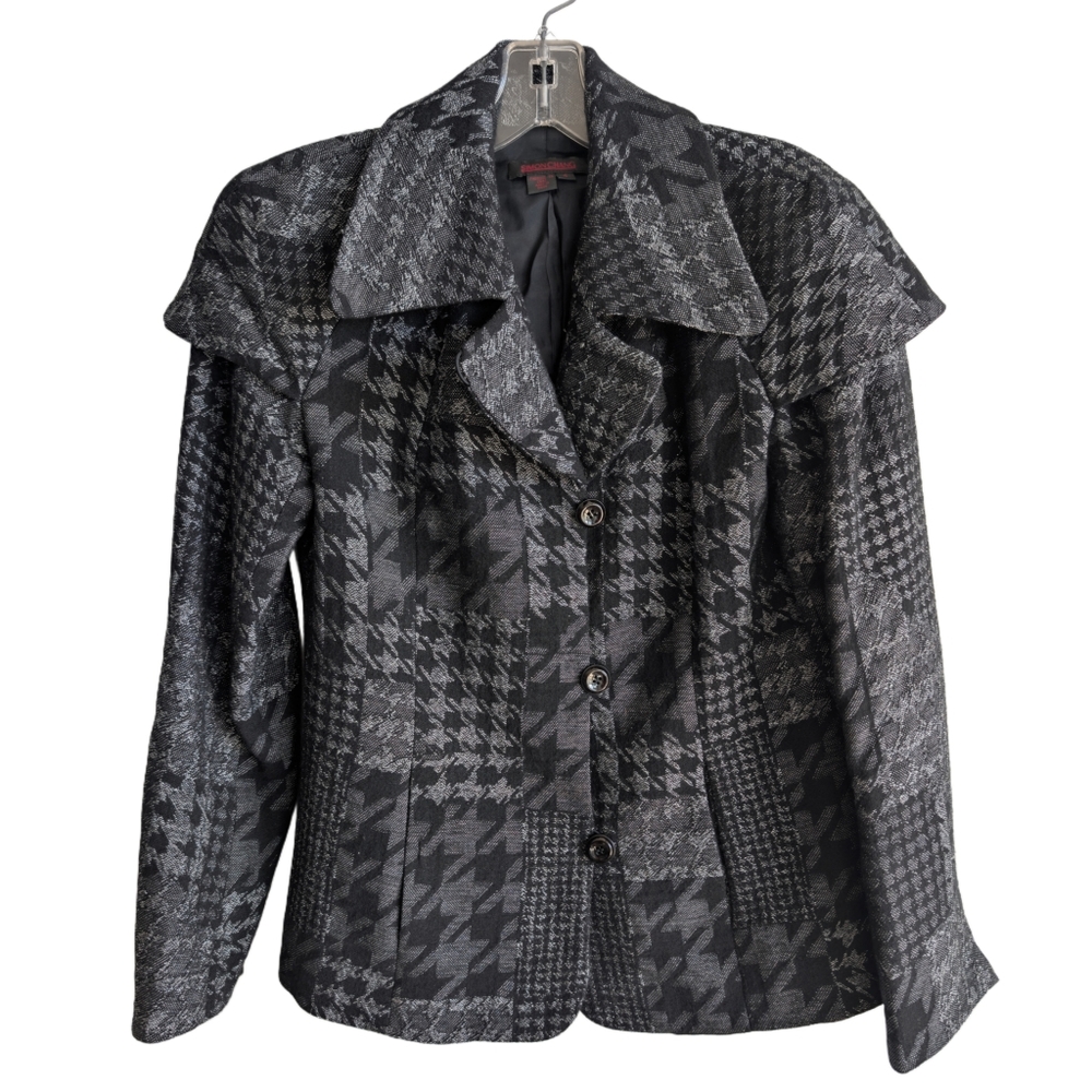 Simon Chang Women's Size 4 Grey Houndstooth Print Button Up Jacket Shoulder